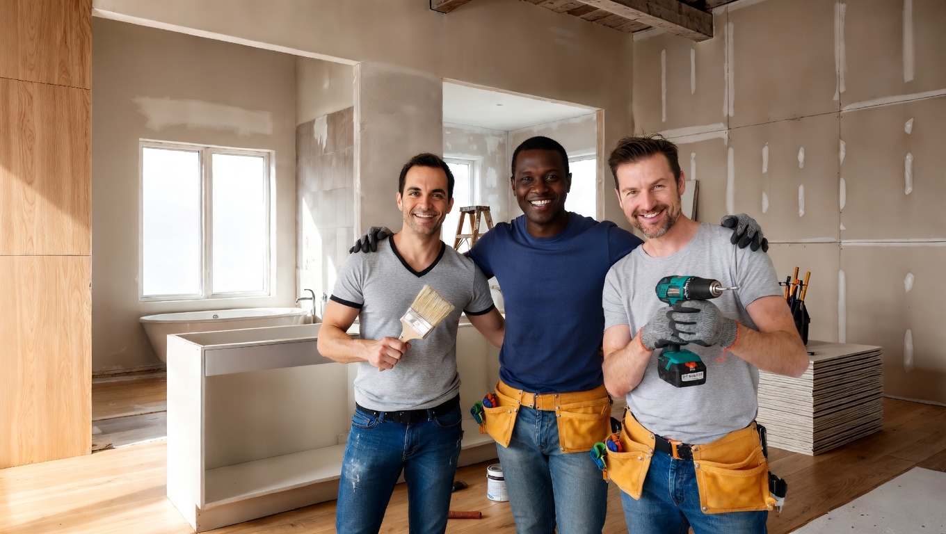 Laccrocher team of three smiling crew members on a home renovation job, tools in hand, drywall and bright workspace behind them